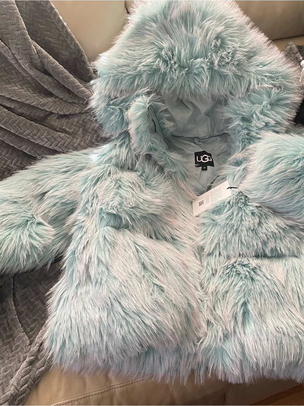 UGG Faux Fur Hooded Puffer Jacket in Light Aqua